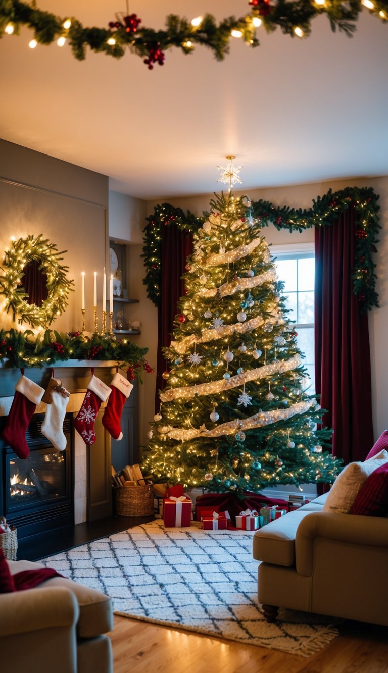 A cozy living room adorned with twinkling lights, a grand Christmas tree, stockings hung by the fireplace, and festive garland draped over the mantel