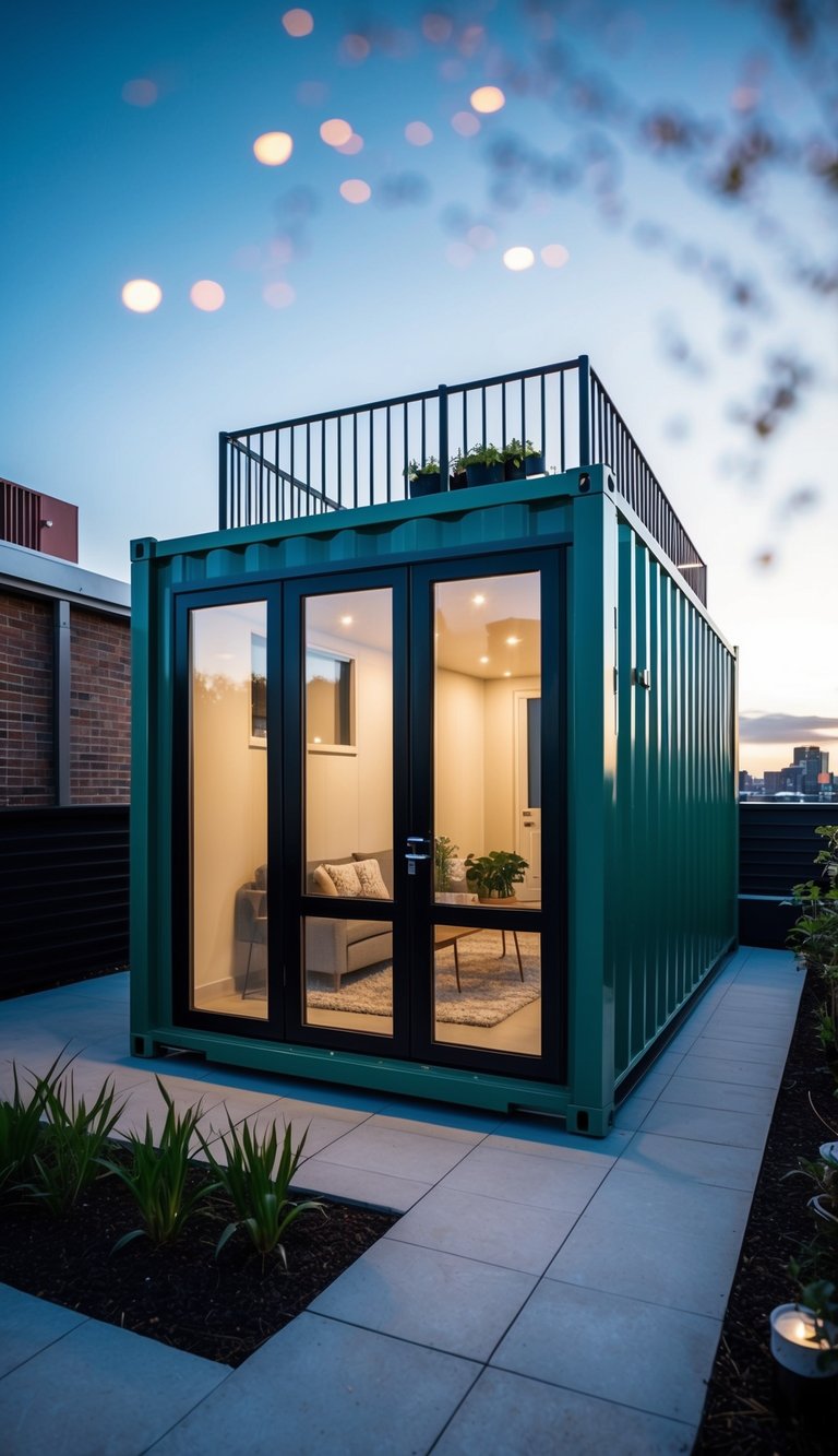 A sleek, modern container house with large windows and a rooftop garden