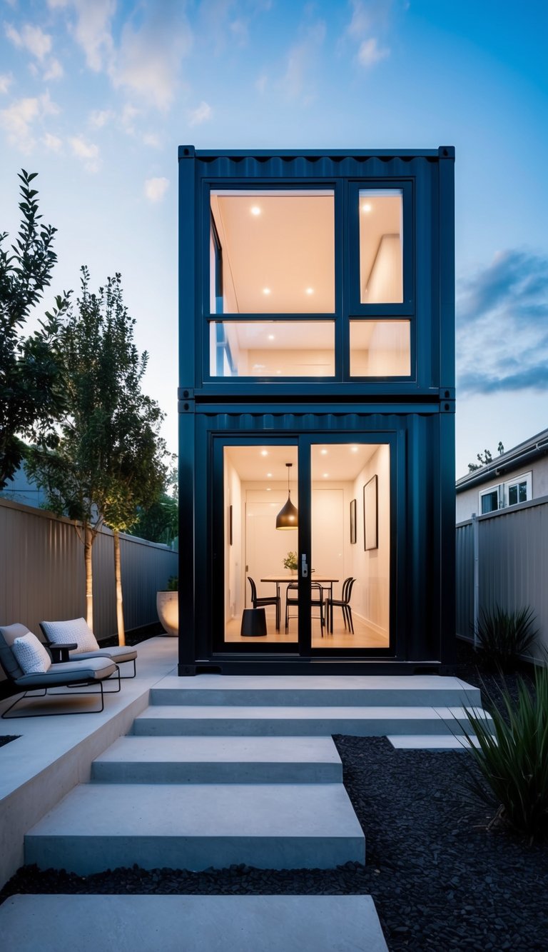 A container house with sleek lines and large windows, surrounded by minimalist landscaping and modern outdoor furniture