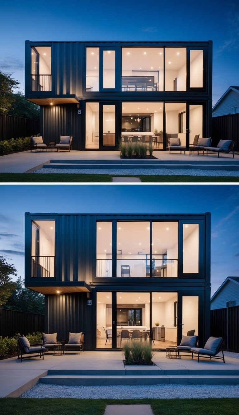 A modern container house with sleek lines, large windows, and a mix of materials like wood and metal, surrounded by landscaping and outdoor seating