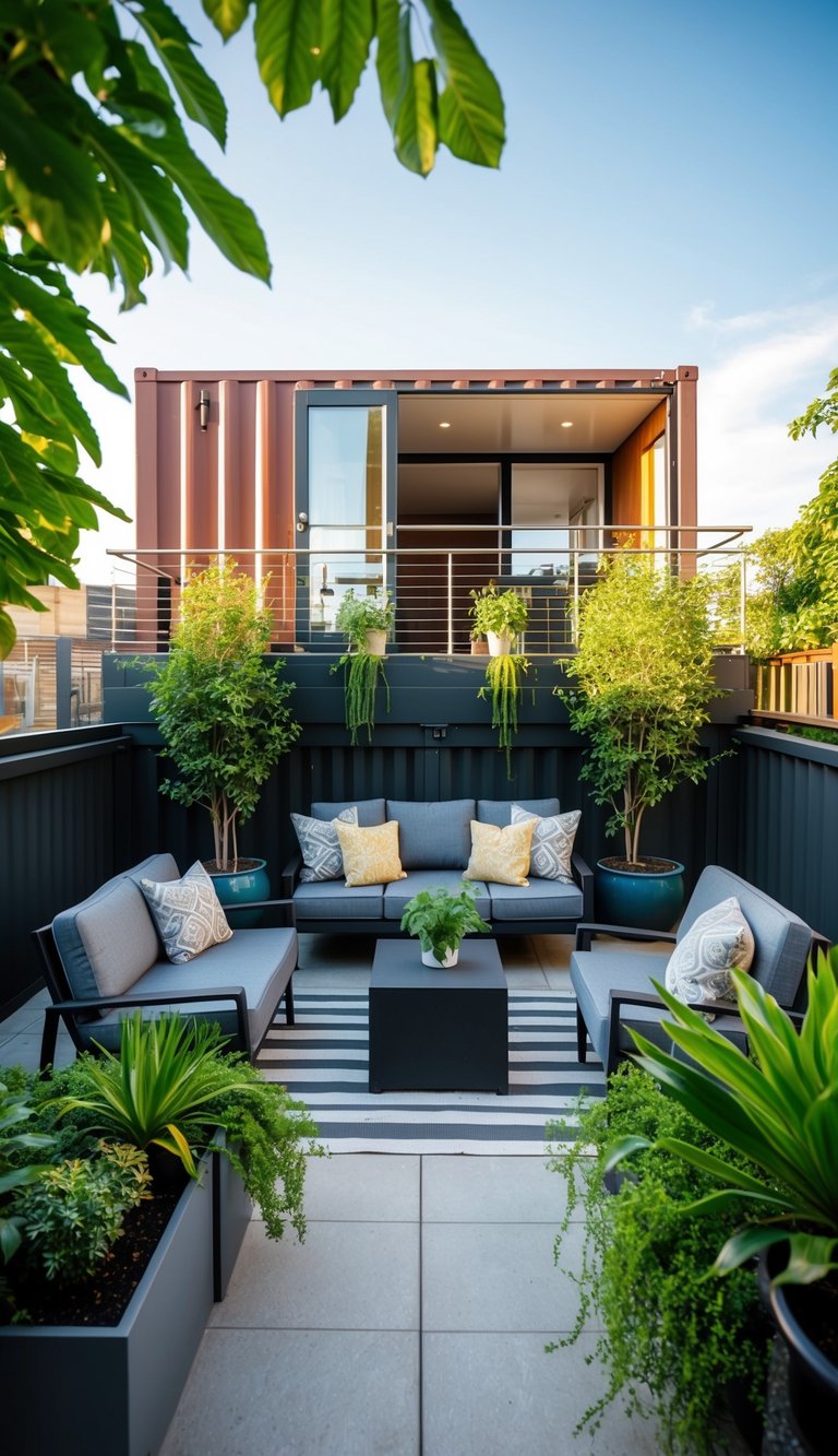 A container house with a rooftop garden and outdoor seating area surrounded by lush greenery and modern design elements