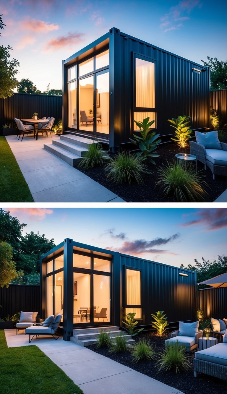 A modern container house surrounded by lush landscaping and stylish outdoor furniture