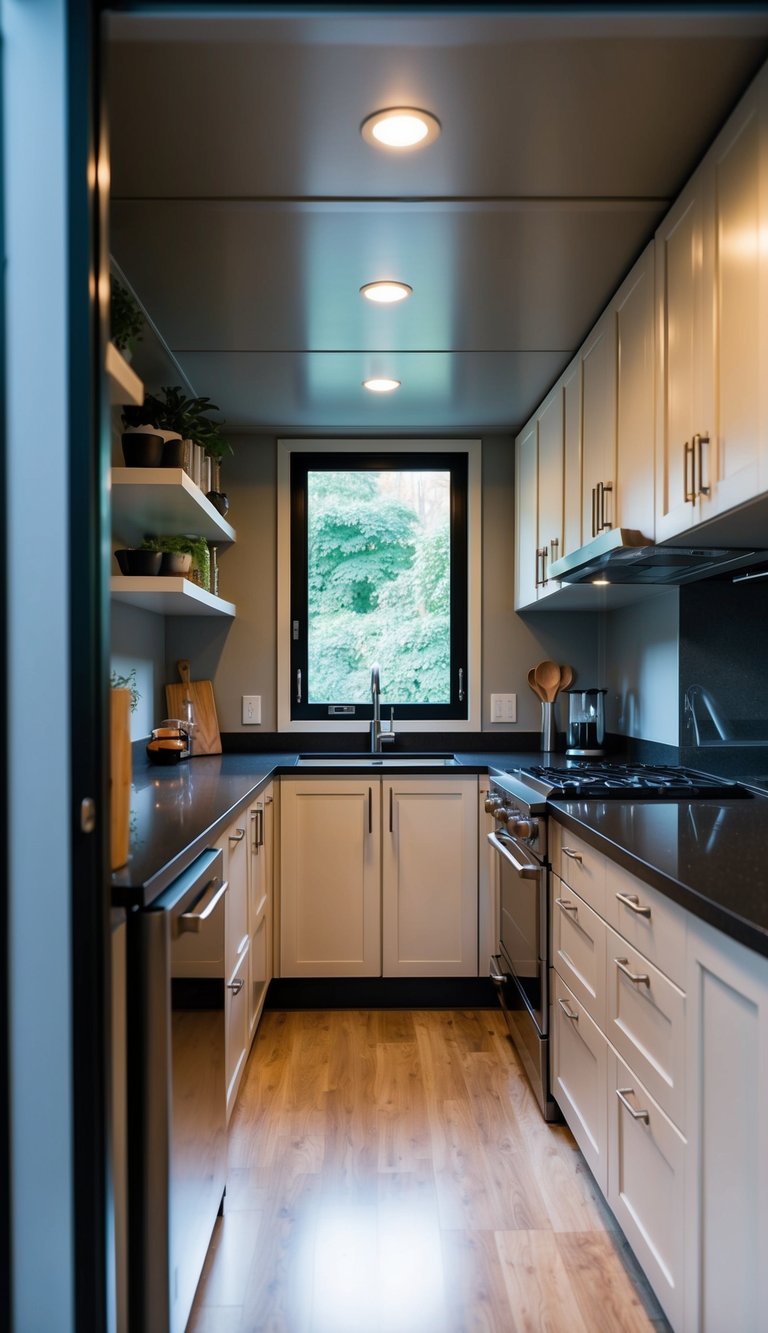 A cozy kitchen in a container home, featuring modern storage solutions, sleek countertops, and stylish design elements