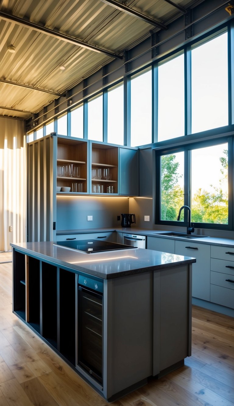 A shipping container kitchen with sleek countertops, modern appliances, and ample storage space. Natural light floods in through large windows, creating a bright and inviting atmosphere