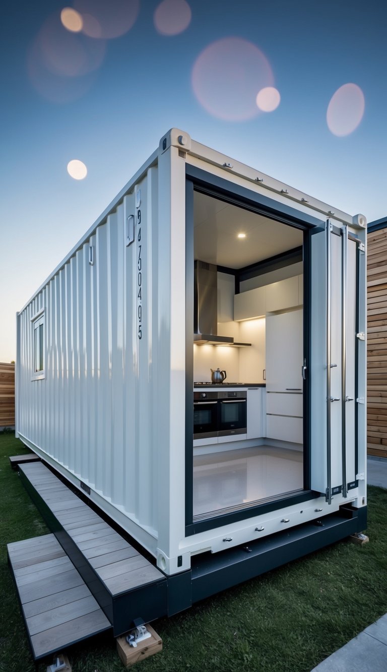 A modern kitchen container home with sleek, minimalist design, featuring innovative storage solutions and efficient use of space