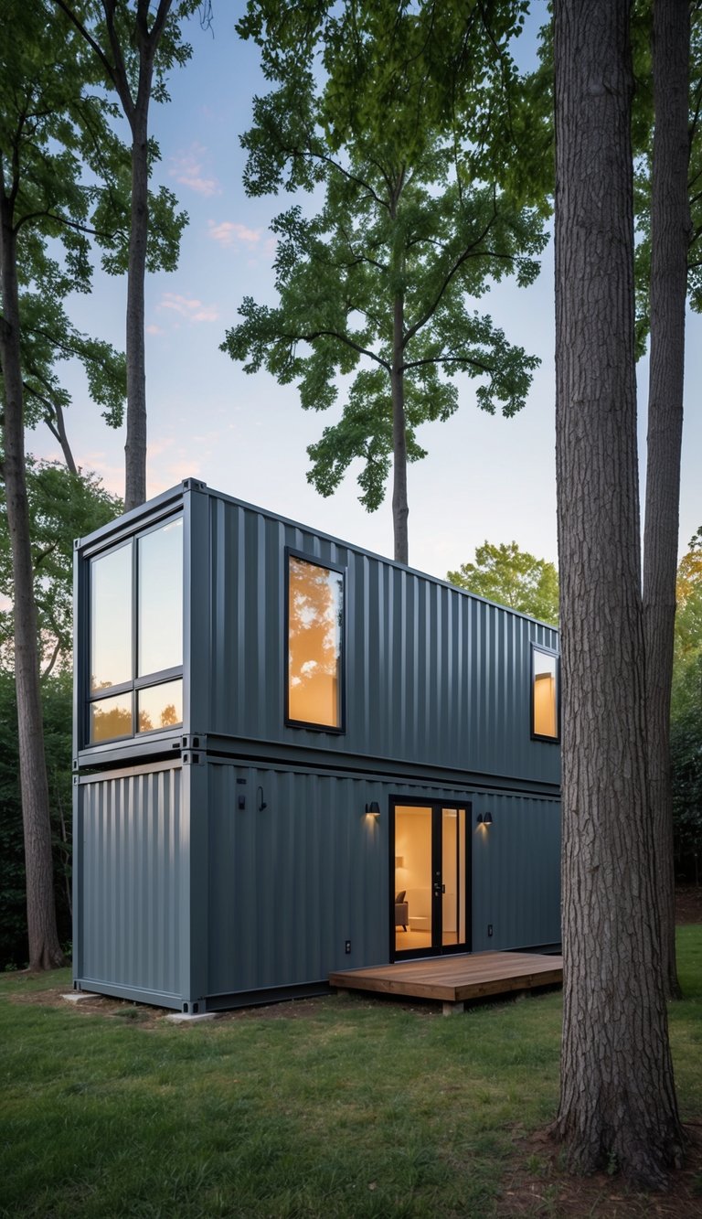 A modern gray shipping container house nestled among trees with a minimalist design and large windows