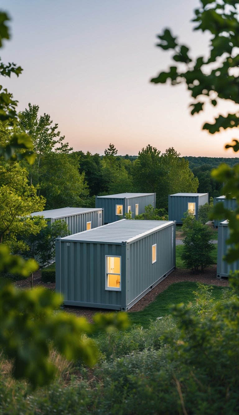 A cluster of gray shipping container homes nestled among green trees and surrounded by a serene natural landscape