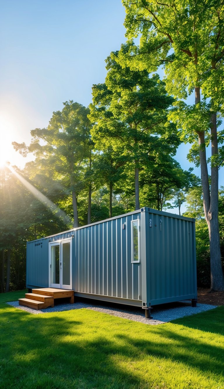 A modern gray shipping container home nestled among lush green trees, with a bright blue sky and a warm sun shining down