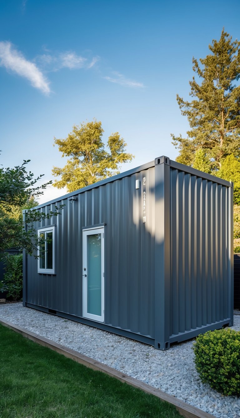 A modern shipping container home painted in sleek gray, surrounded by greenery and under a clear blue sky