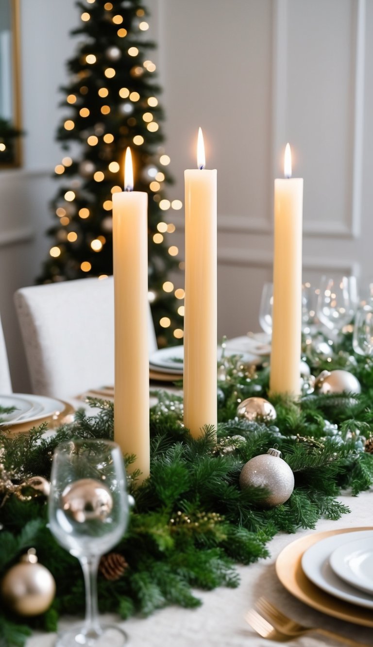 A tall, slender candle centerpiece surrounded by delicate greenery and sparkling ornaments on a festive holiday table