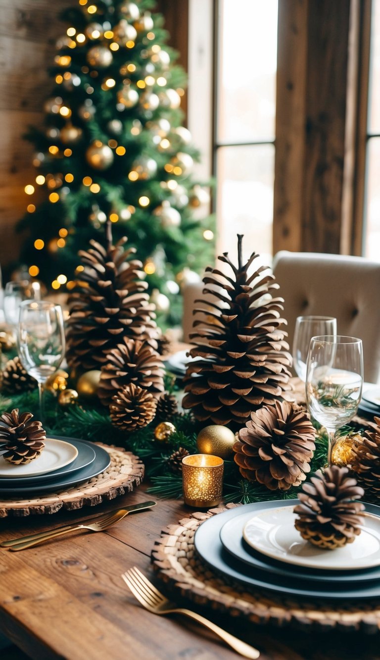 A festive holiday table adorned with rustic pinecone decor in a cozy, rustic setting