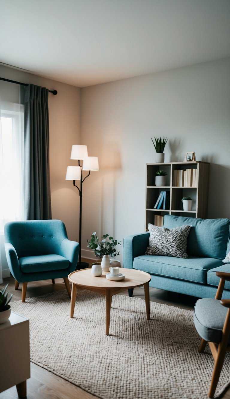 A cozy living room with a mix of small furniture pieces, including a compact sofa, armchair, coffee table, bookshelf, and floor lamp