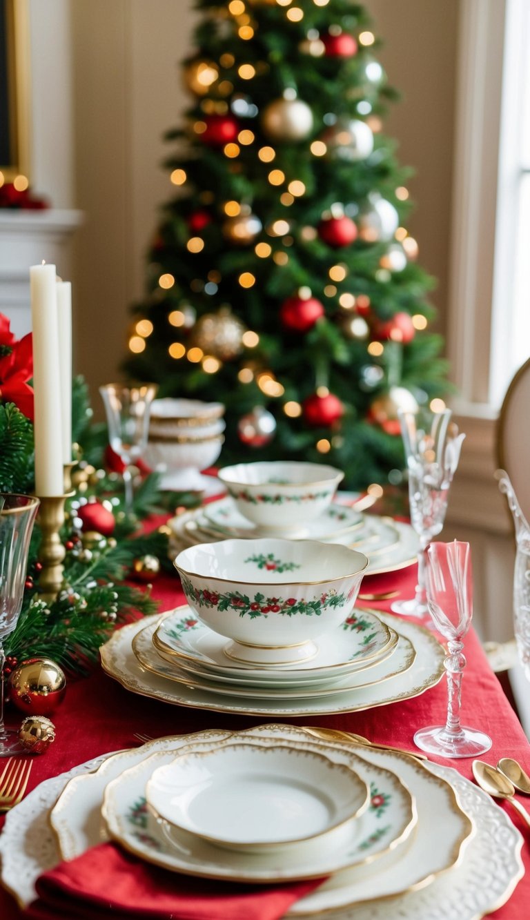 A vintage china set arranged on a holiday table with elegant place settings and festive decor