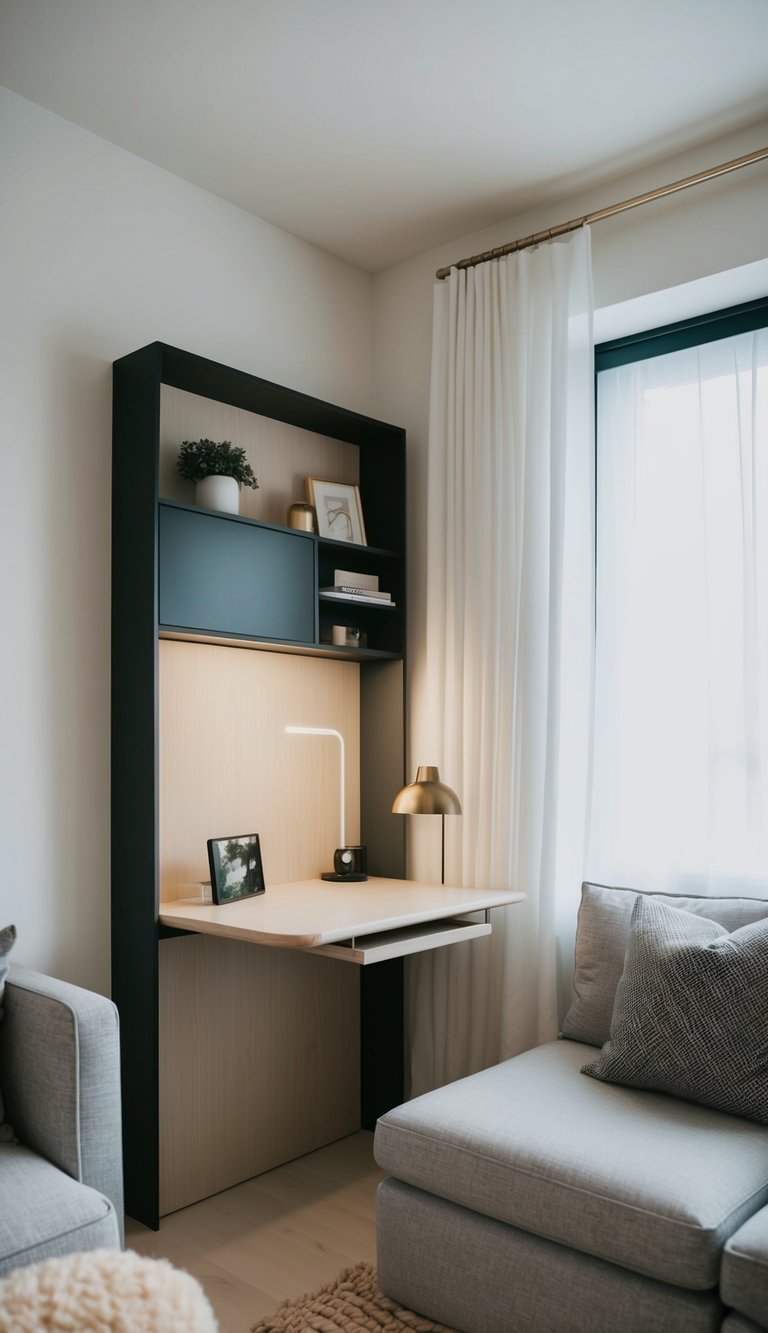 A compact, wall-mounted desk with a sleek design and built-in storage, surrounded by cozy seating and minimalist decor in a small living room