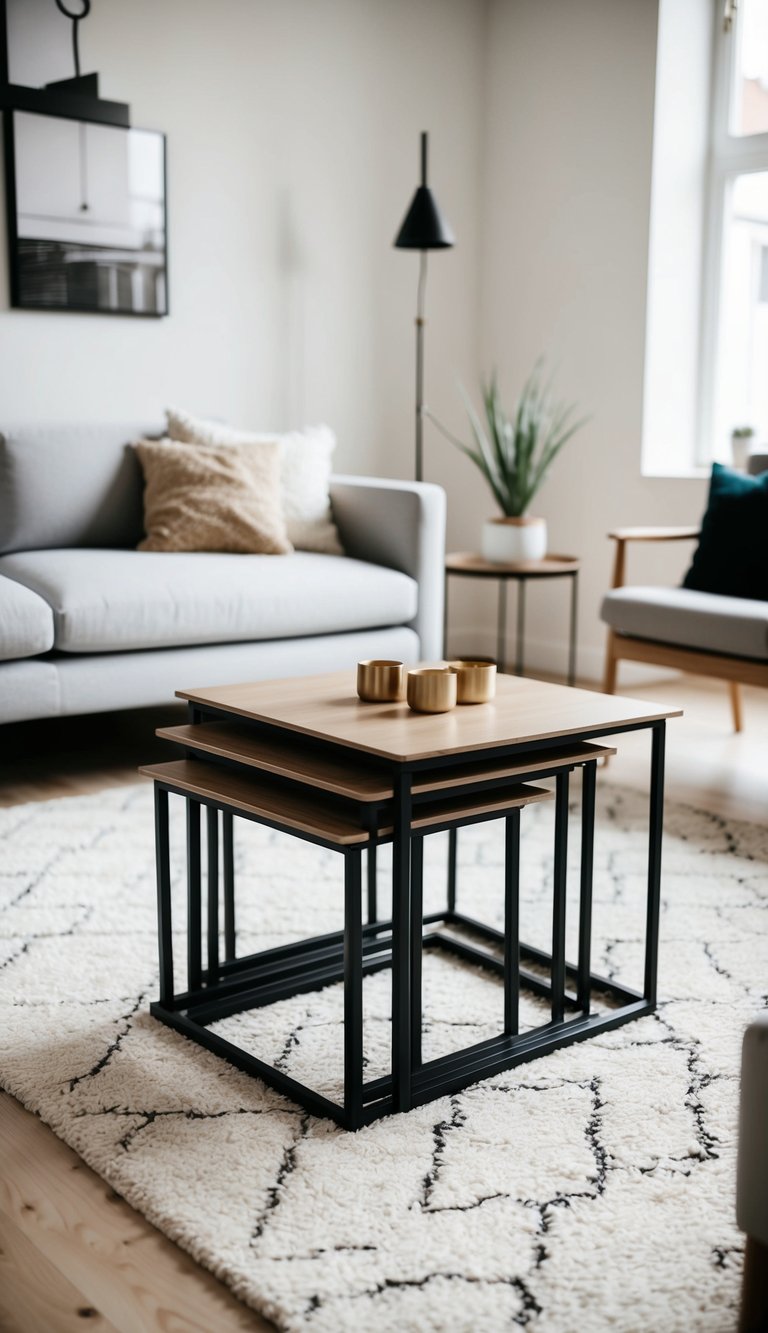 A set of nesting coffee tables arranged in a small living room, surrounded by minimalist furniture and decor