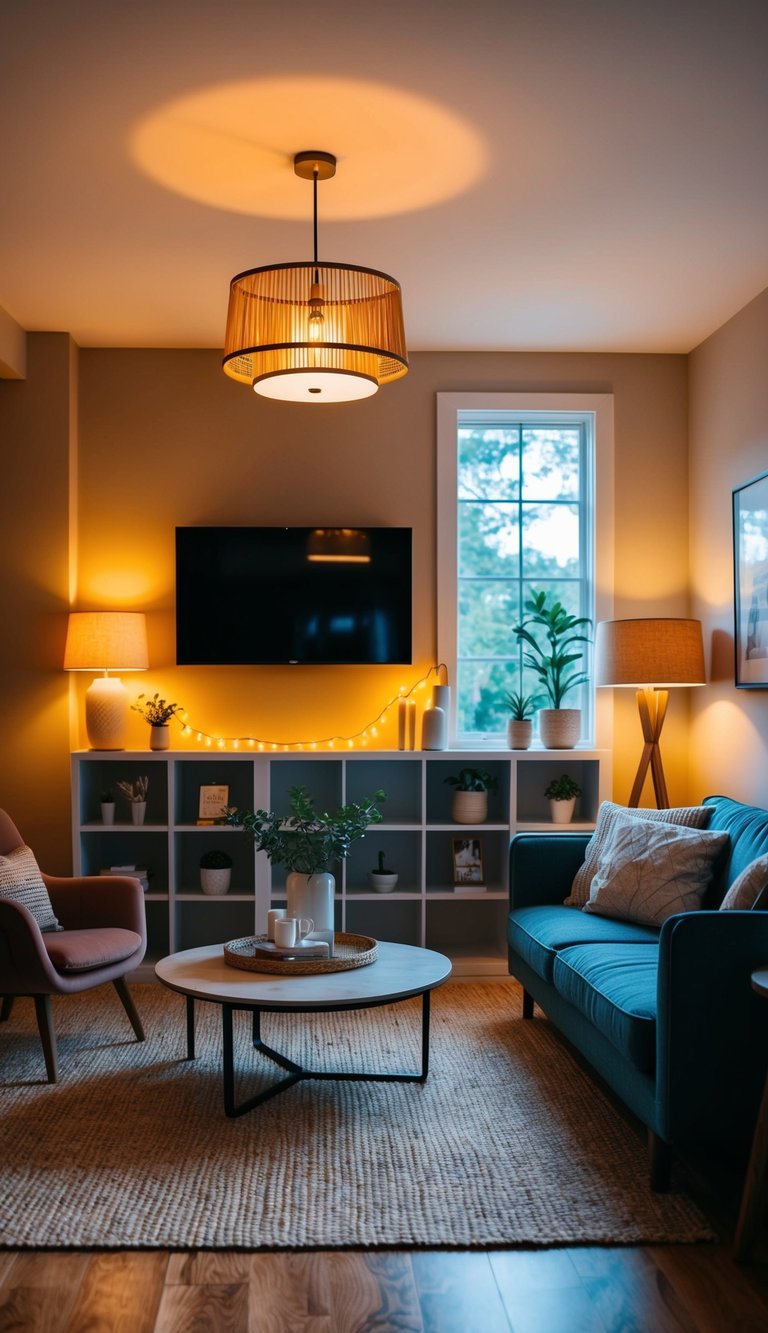 A cozy living room with warm, ambient lighting from a mix of floor and table lamps, accent lighting on shelves, and a statement pendant light