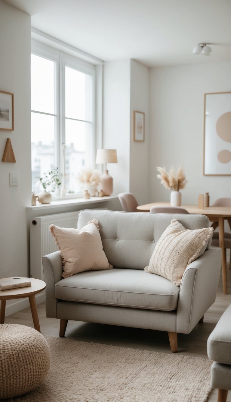 A cozy, compact loveseat sits in a small living room surrounded by minimalist furniture and soft, neutral colors