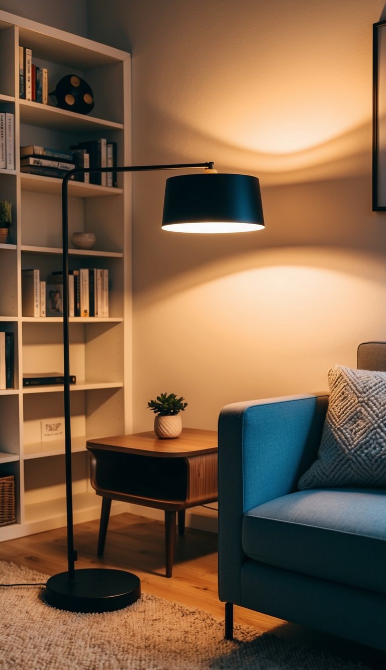 A cozy living room with a HEKTAR Floor Lamp illuminating a small seating area, casting a warm glow over a bookshelf and comfortable seating