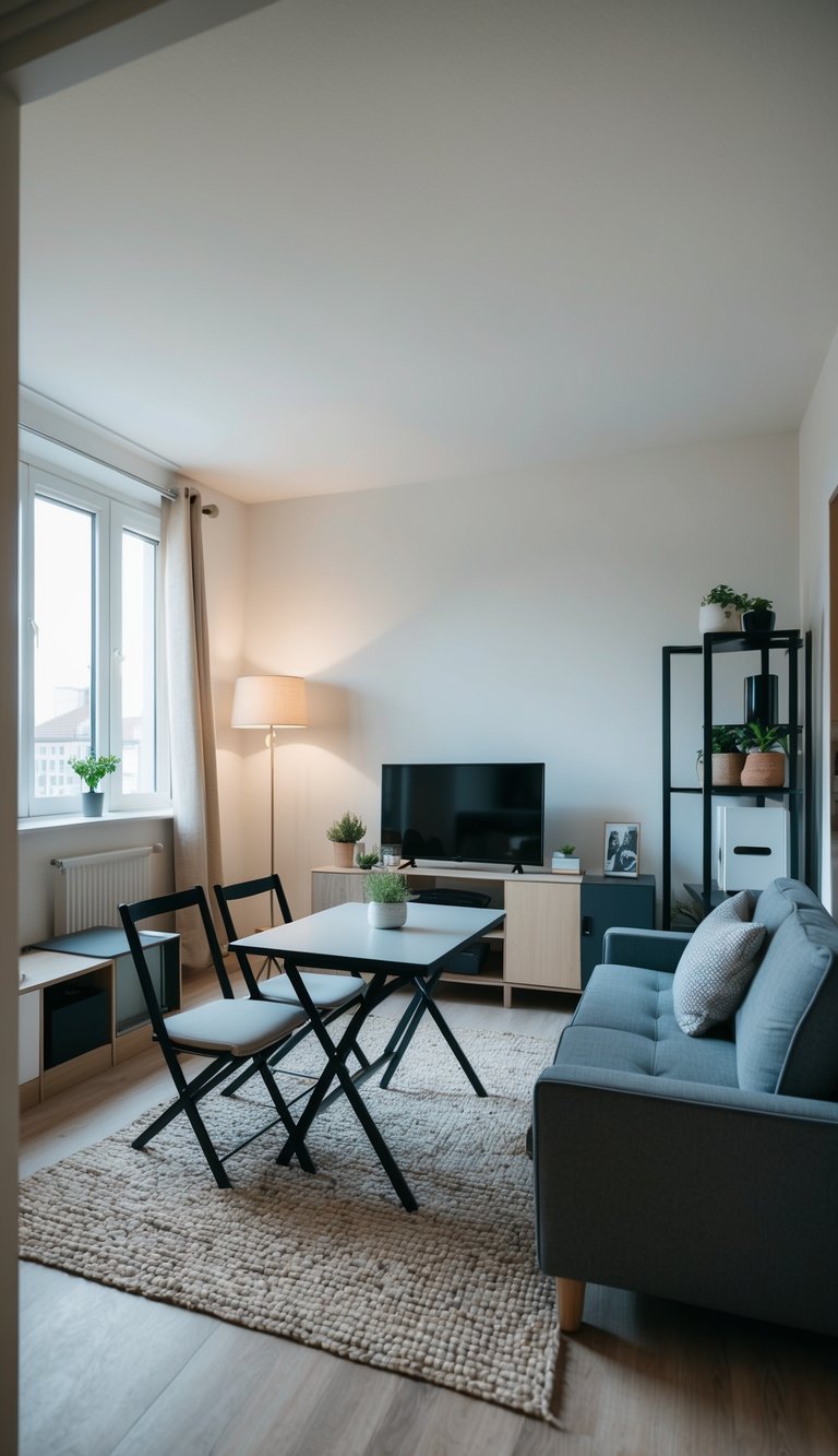 A small living room with a foldable dining table surrounded by compact furniture and clever storage solutions