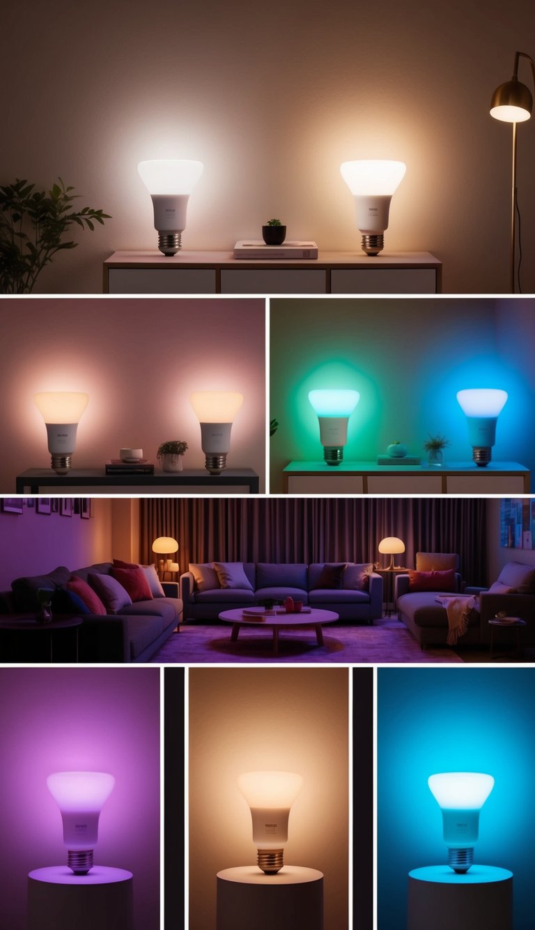 The cozy living room is illuminated with Philips Hue Smart Bulbs, casting a warm and inviting glow. Various lighting ideas are showcased, from soft ambient lighting to vibrant color accents