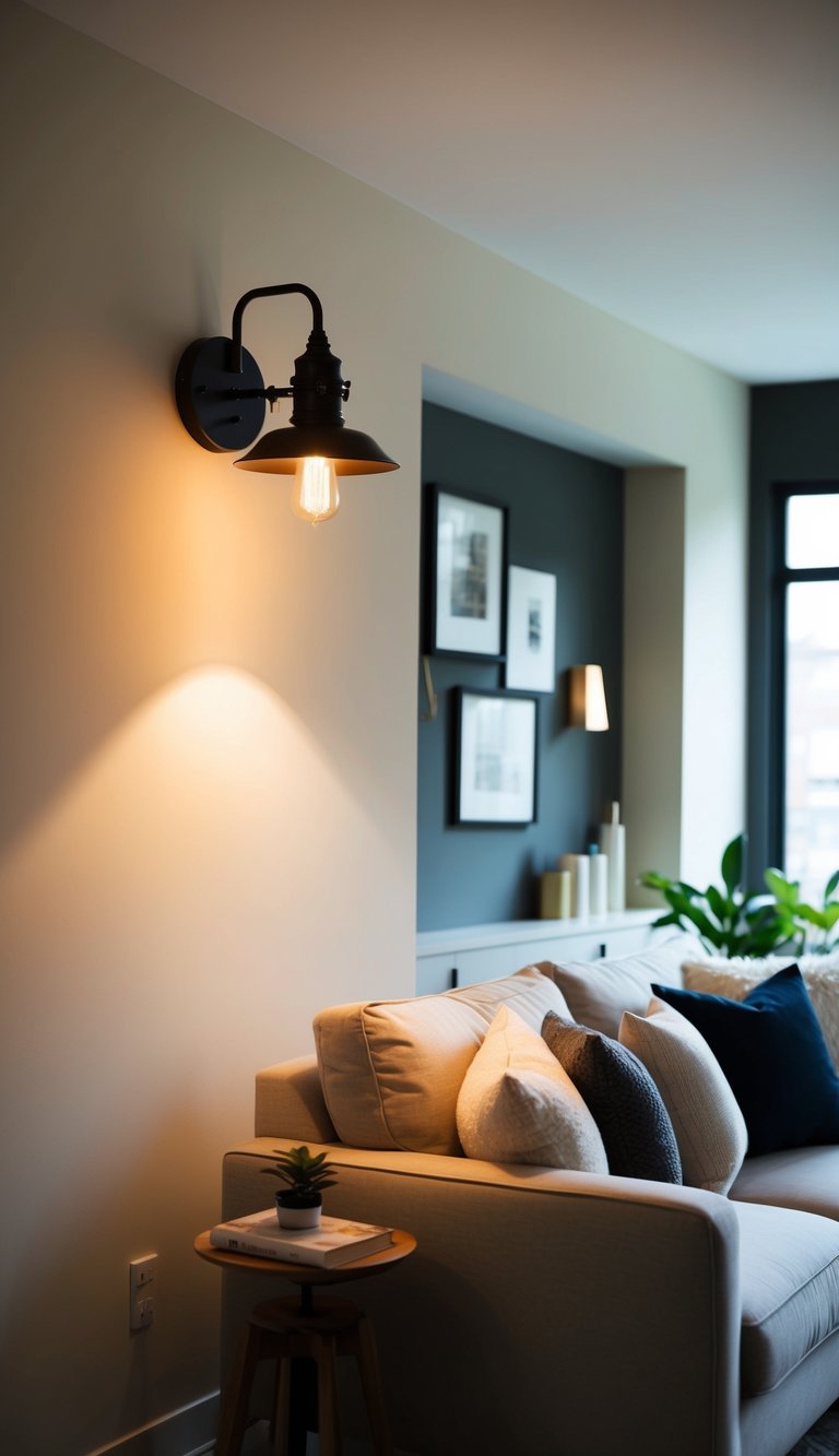 A small living room with a West Elm Industrial Sconce mounted on the wall, casting a warm and cozy glow over the space