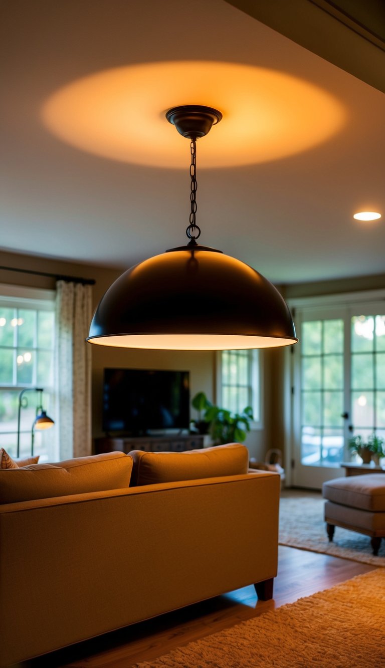 A cozy living room with a low ceiling, featuring a Pottery Barn Classic Dome Pendant illuminating the space with warm, soft light