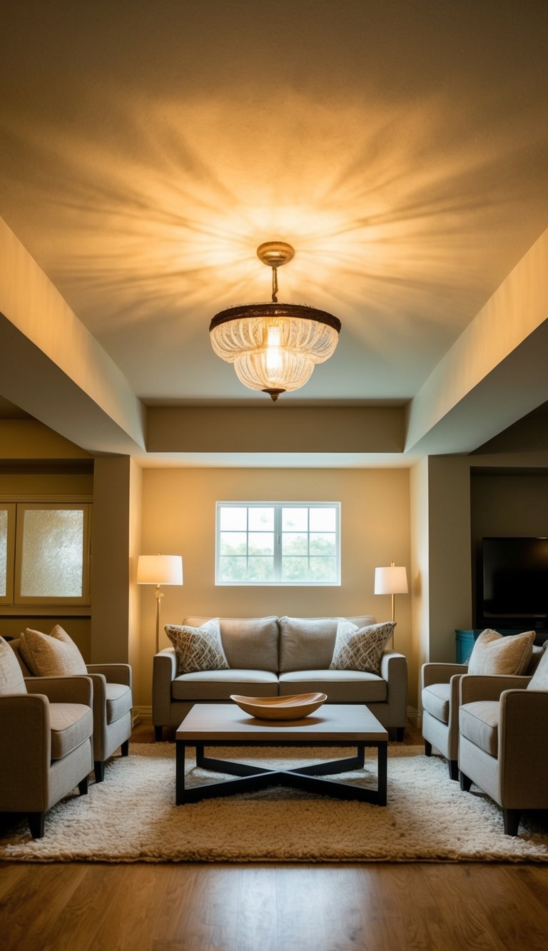 A cozy living room with a low ceiling, featuring a small glass chandelier casting a warm glow over a seating area with neutral-colored furniture and a plush rug