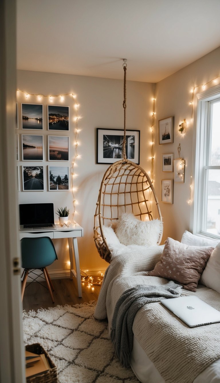 A cozy bedroom with fairy lights, a wall gallery, a hanging chair, and a desk with a laptop and books