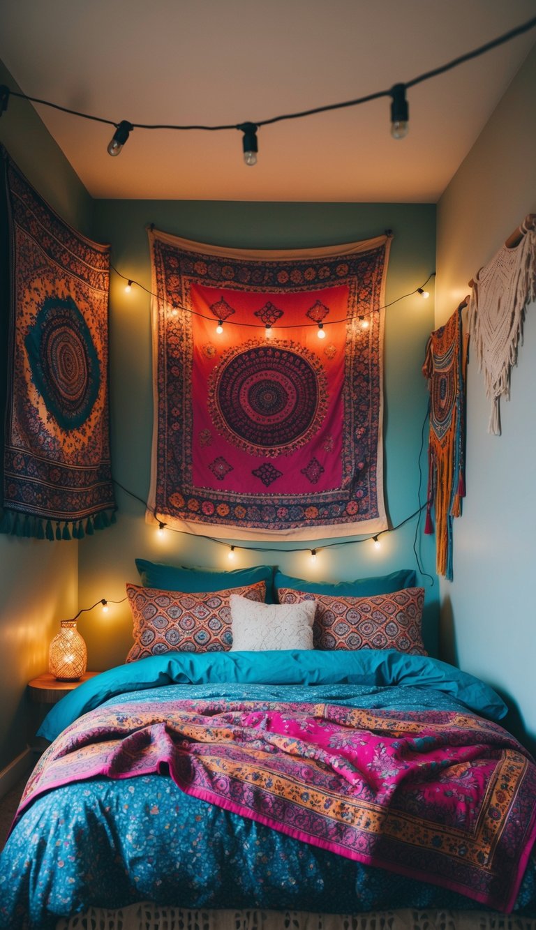 A cozy, bohemian-inspired bedroom with vibrant patterned bedding, hanging tapestries, and string lights creating a relaxed and stylish atmosphere