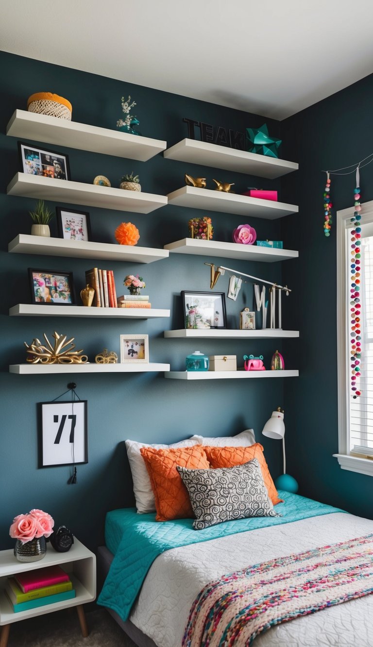 A modern teen bedroom with 17 floating shelves displaying various decor and personal items