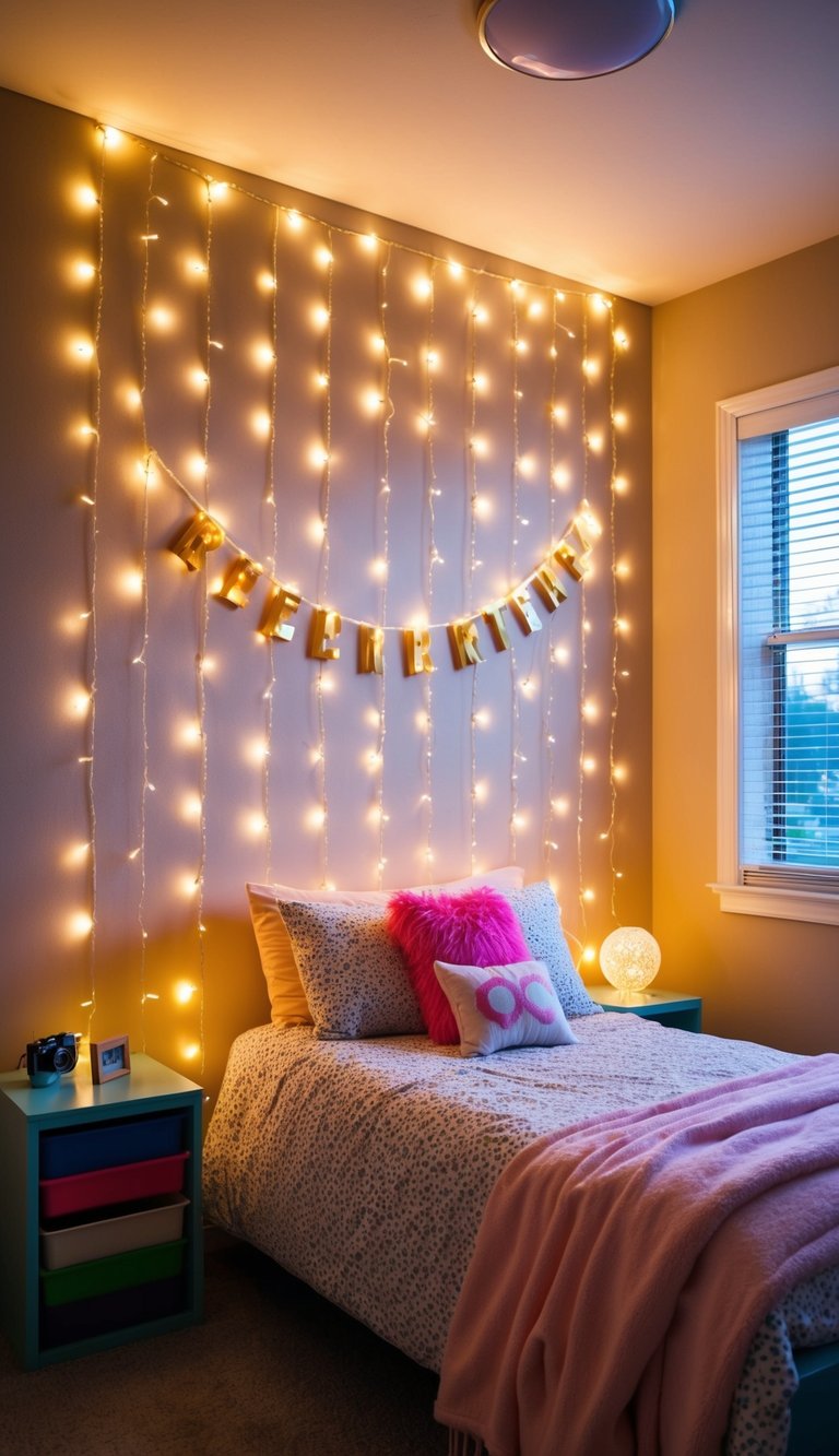 A cozy teen bedroom with a fairy light curtain draped across the wall, creating a warm and magical atmosphere