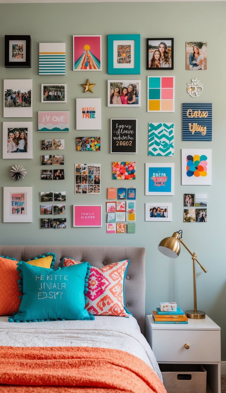 A cozy teen bedroom with a wall collage kit featuring colorful prints, photos, and artwork arranged in a creative and eclectic display