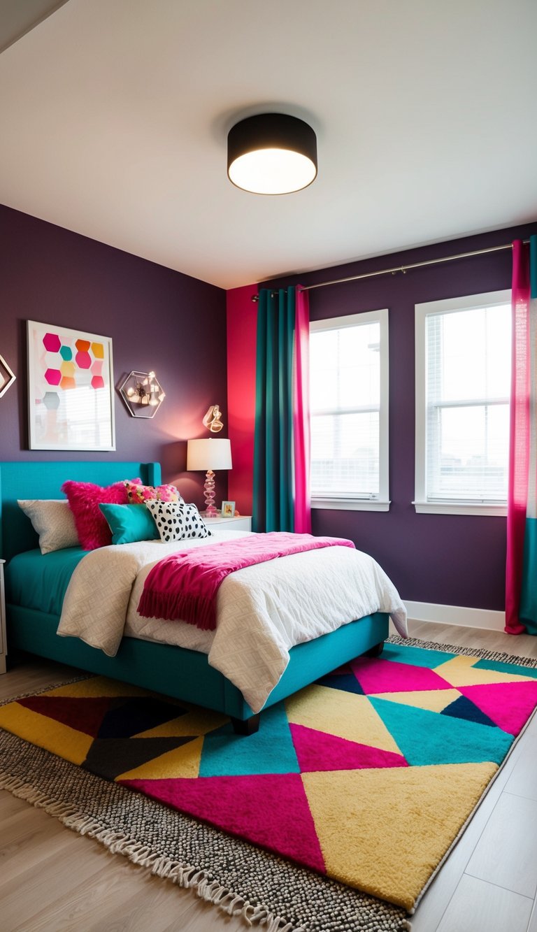 A modern geometric area rug anchors a stylish teen bedroom with pops of color and contemporary design elements