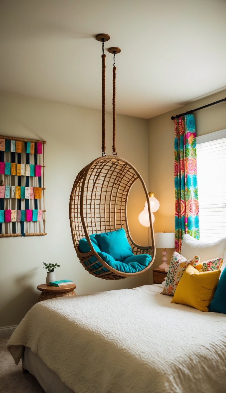 A cozy bedroom with a hanging chair suspended from the ceiling, surrounded by colorful decor and soft lighting