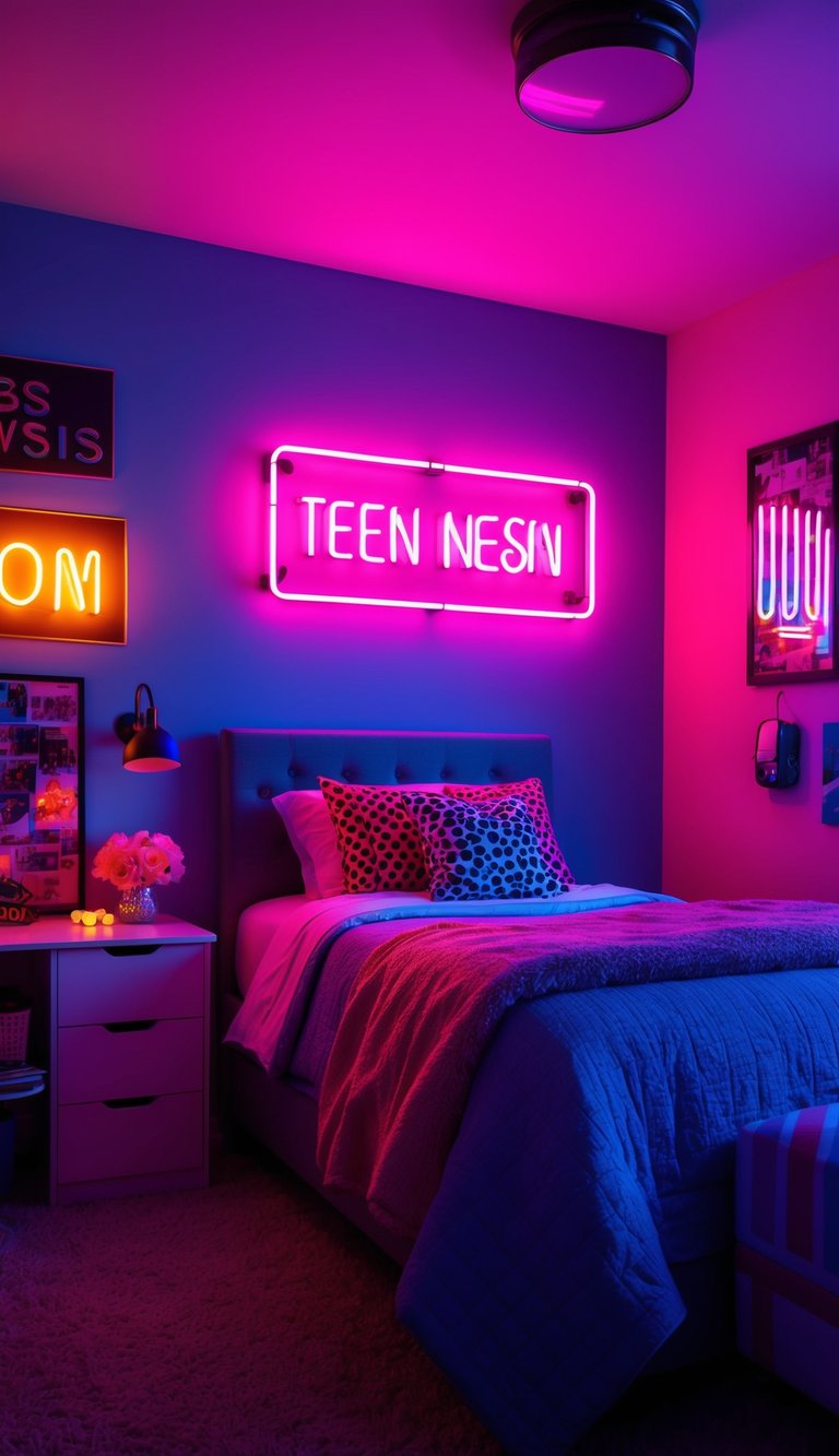 A cozy teen bedroom with LED neon signs illuminating the walls, creating a vibrant and trendy atmosphere