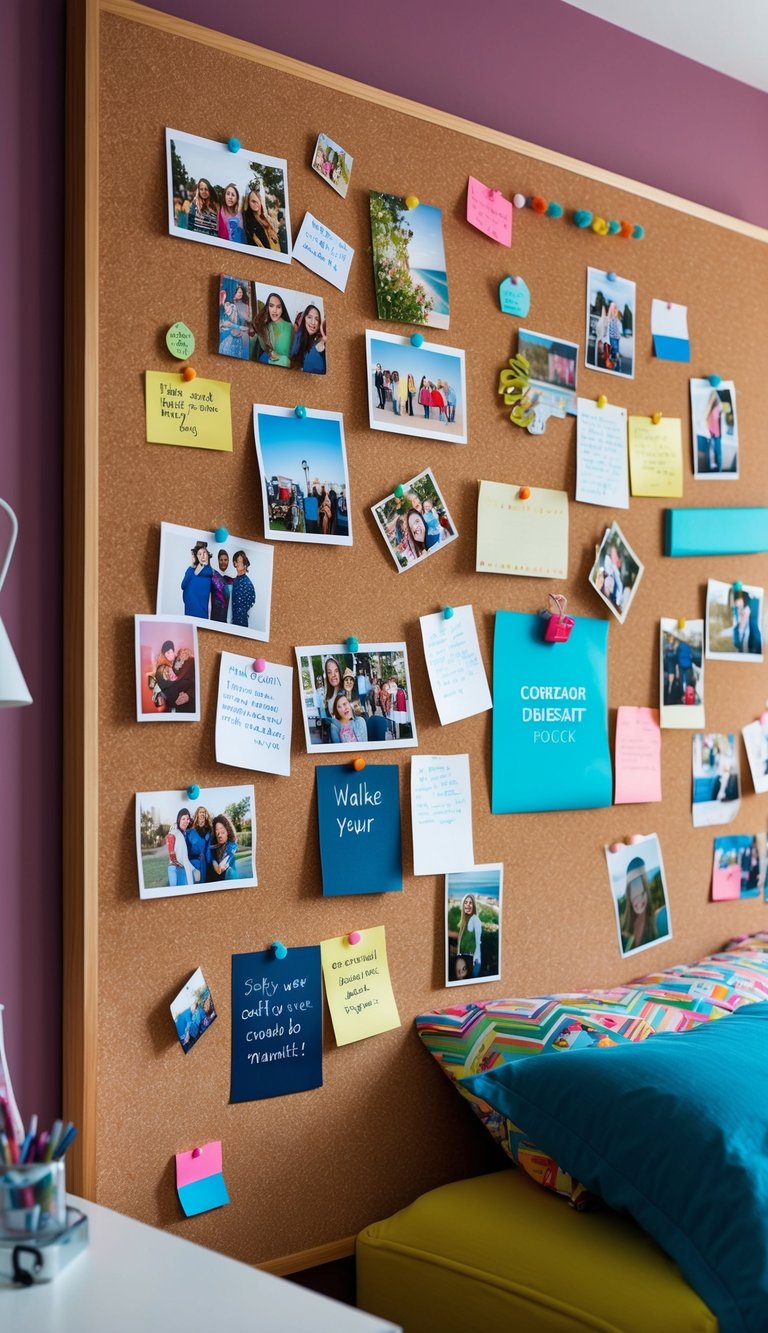 A corkboard wall filled with colorful photos, notes, and mementos, creating a personalized and eclectic teen bedroom design