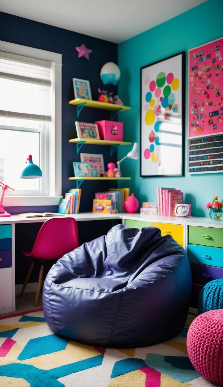 A cozy bean bag chair sits in the corner of a vibrant and modern teen bedroom, surrounded by colorful decor and stylish furniture