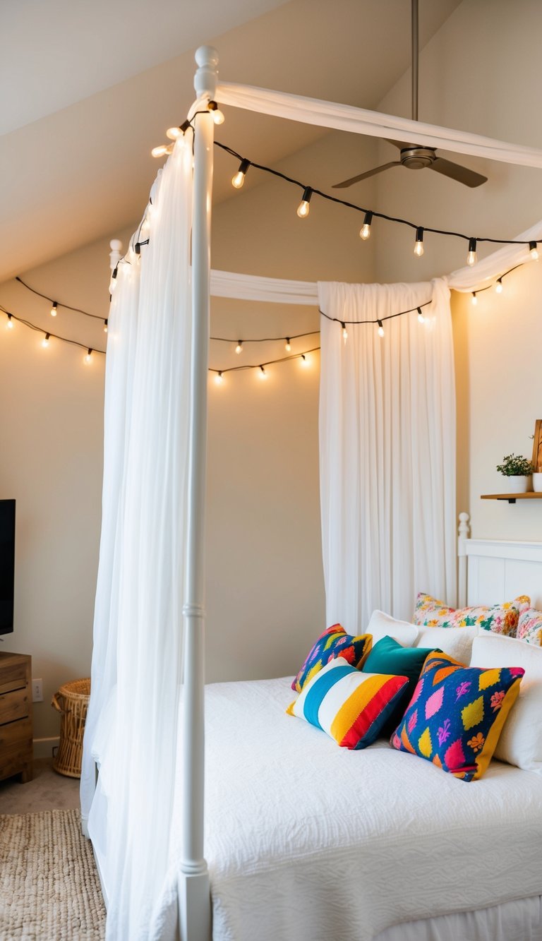 A cozy, airy bedroom with a white canopy bed, string lights, and colorful throw pillows