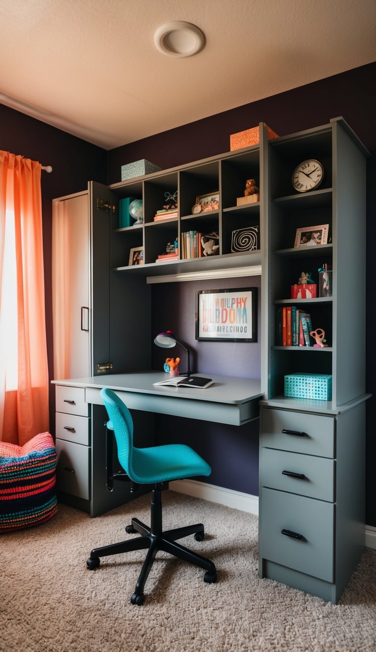 A teen bedroom with a Murphy desk, cozy and stylish, featuring modern decor and functional design elements