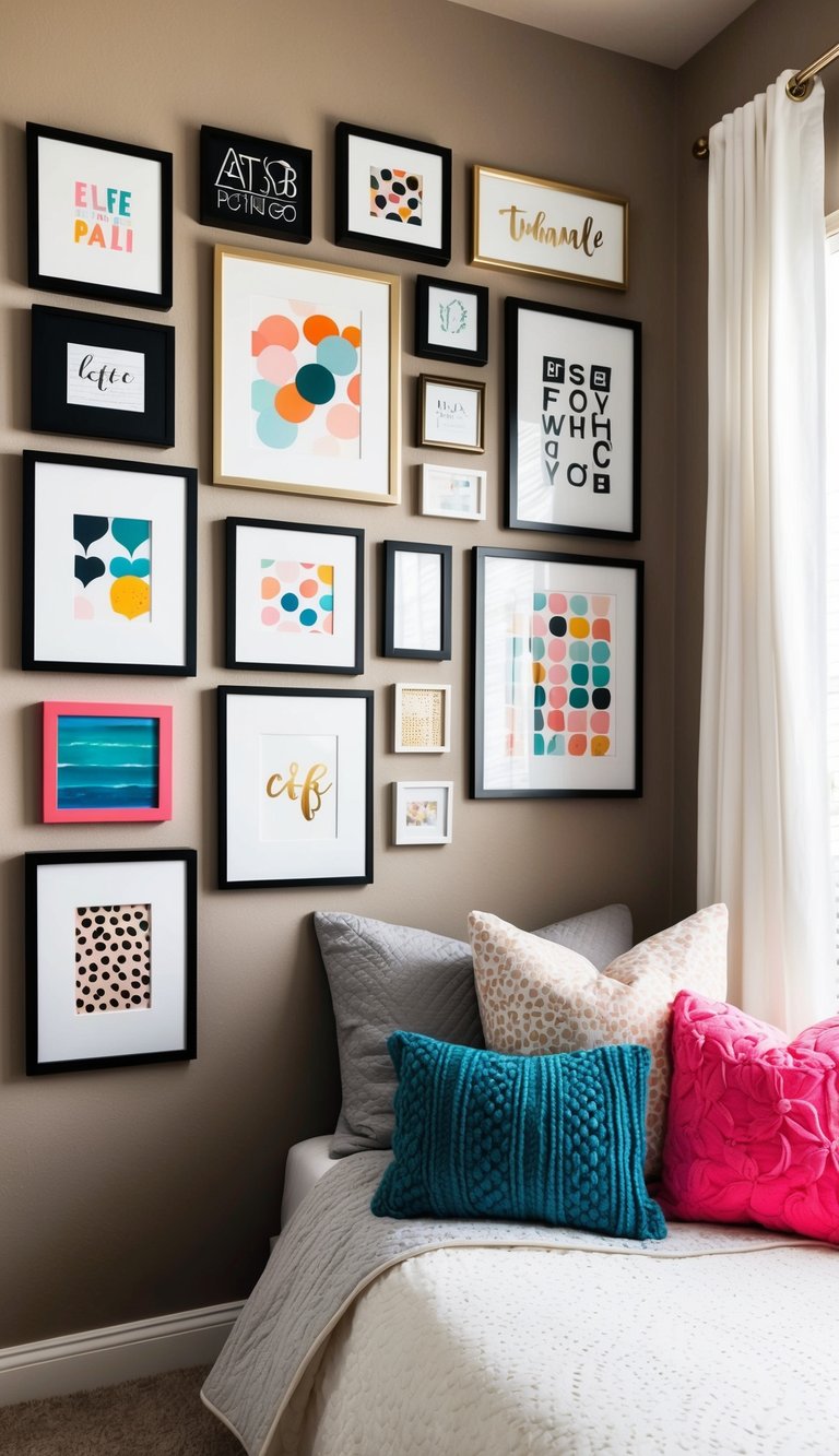 A cozy teen bedroom with a gallery wall featuring 17 different art pieces in various sizes and frames, creating a personalized and stylish space