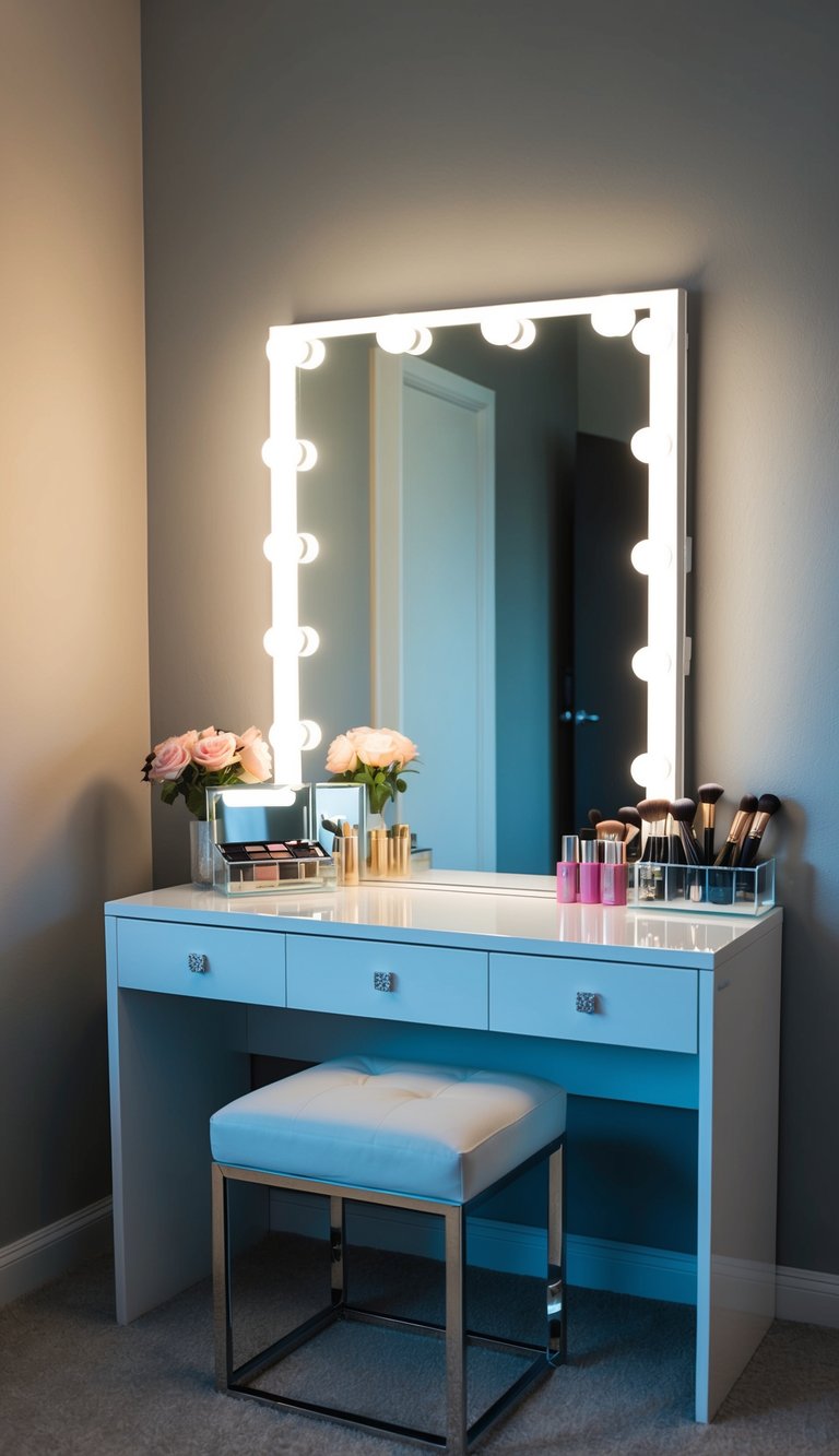 A sleek vanity set with a large mirror, makeup organizer, and stylish stool in a well-lit, modern teen bedroom