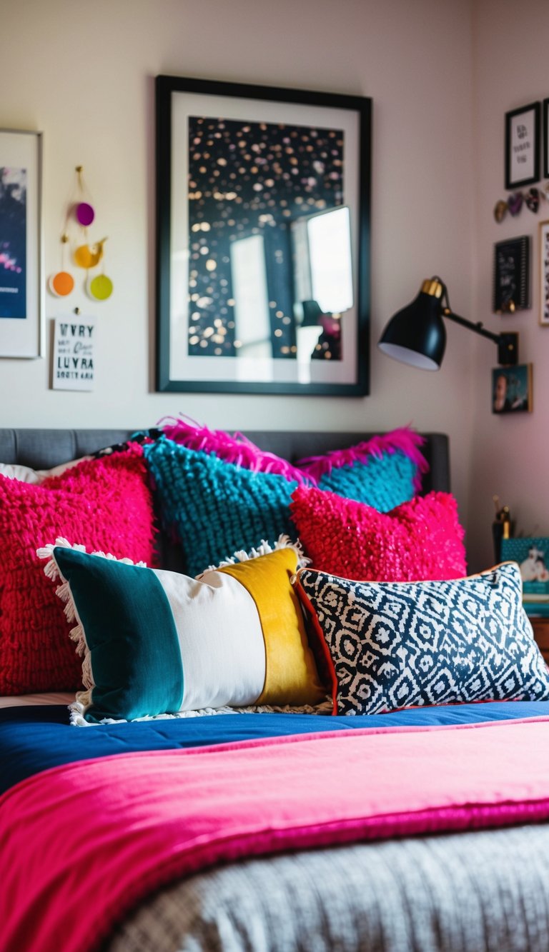 A cozy, modern teen bedroom with colorful accent throw pillows on a stylish bed, surrounded by trendy decor and personal touches