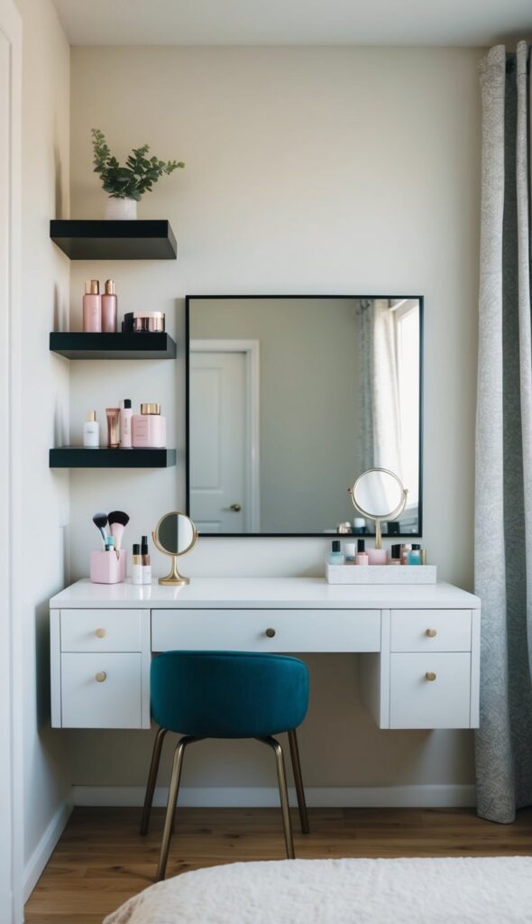 Vanity table with floating shelves