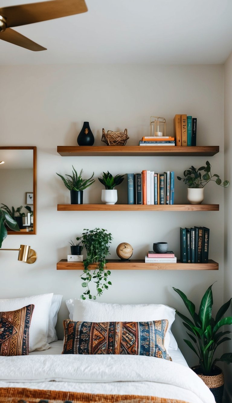 A bedroom with a wall lined with floating shelves filled with various items, such as books, plants, and decorative objects