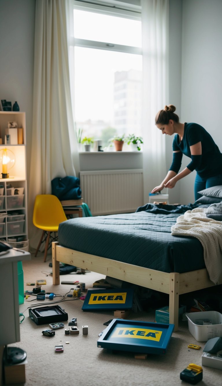 A cluttered bedroom with an old, worn-out MALM bed frame and various IKEA items scattered around. A person is revamping the bed frame with simple and cheap DIY hacks