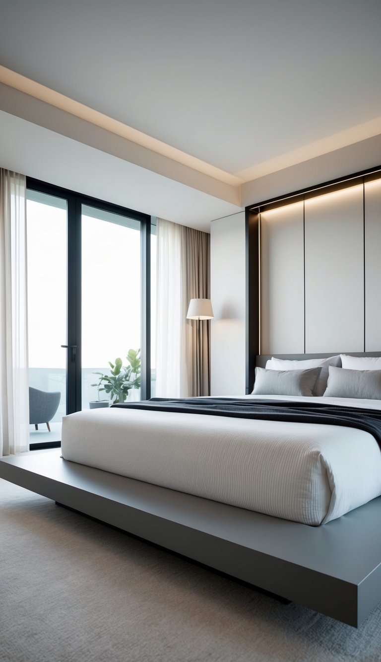 A sleek modern platform bed in a minimalist men's bedroom with clean lines and neutral color palette