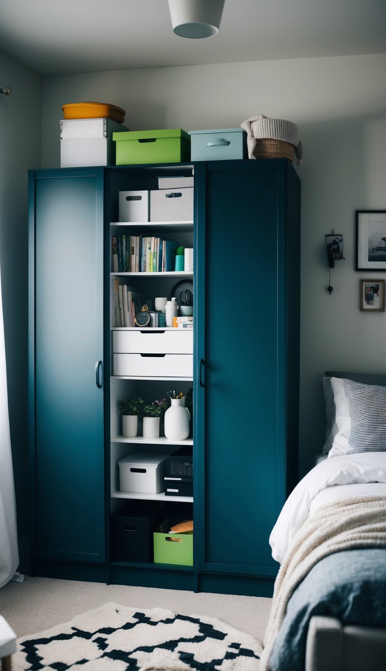 A cluttered bedroom with an IKEA PAX wardrobe being customized with various cheap and simple hacks