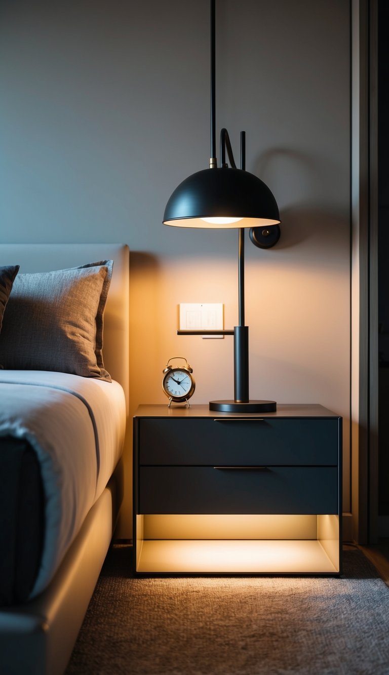 A sleek industrial nightstand sits beside a modern bed in a minimalist men's bedroom. The room is lit with warm, ambient lighting, creating a cozy and stylish atmosphere