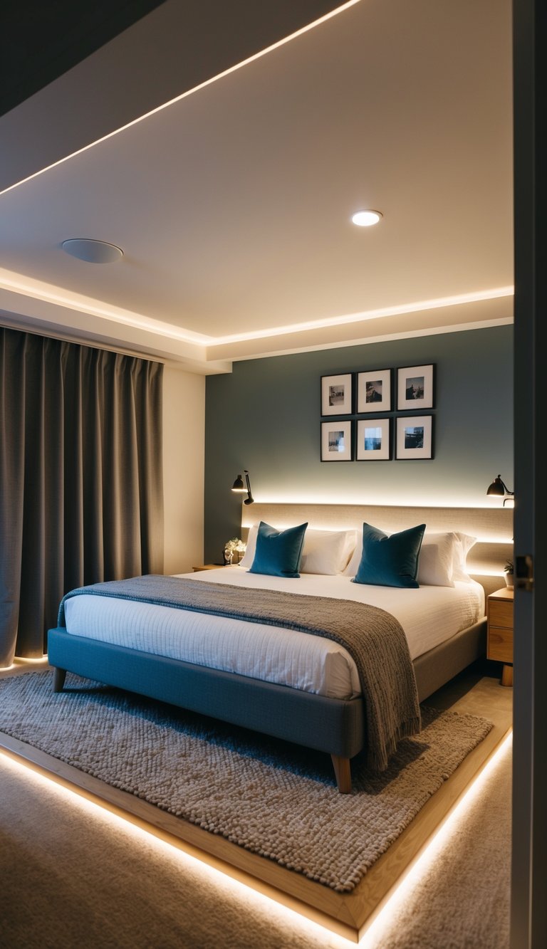 A cozy bedroom with LED strip lighting installed along the edges of the bed frame and around the perimeter of the room