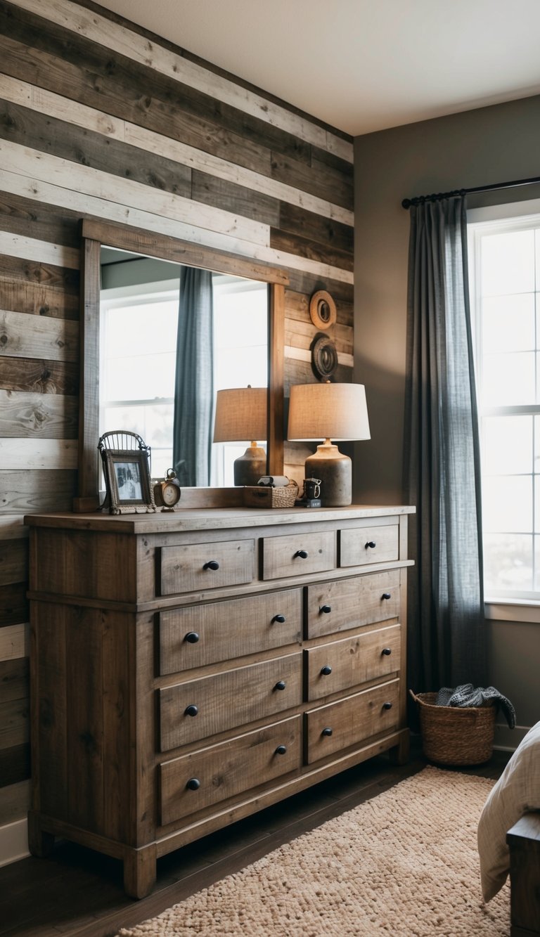 A rustic dresser sits against a weathered wood wall in a cozy men's bedroom, adorned with masculine decor and personal touches